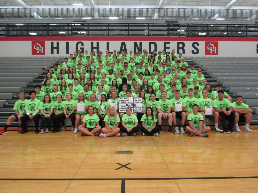 OHHS students in green tshirts who participated in grim reaper day
